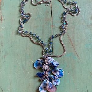 Blue Mother of pearl & Crystal Necklace 30" Long